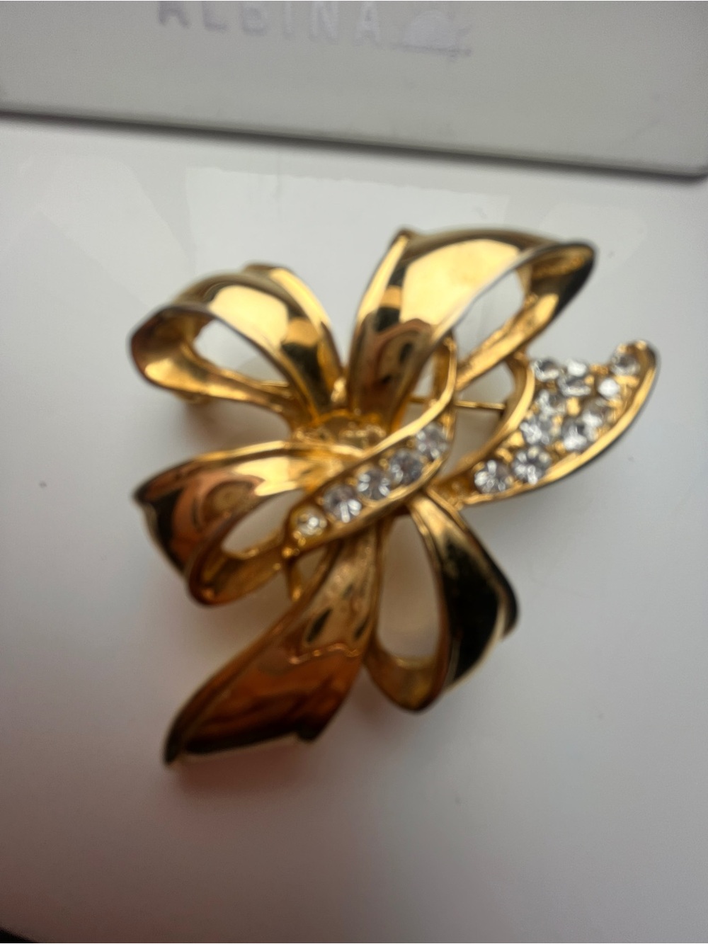 Vintage Gold Ribbon Bow Brooch Crystal Accent Abstract Designer Style Pin